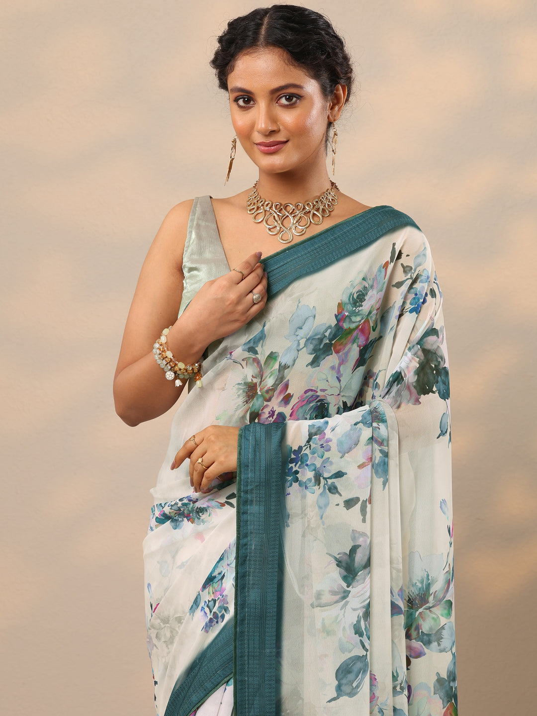  Teal Printed Georgette Saree With Unstitched Blouse Piece 