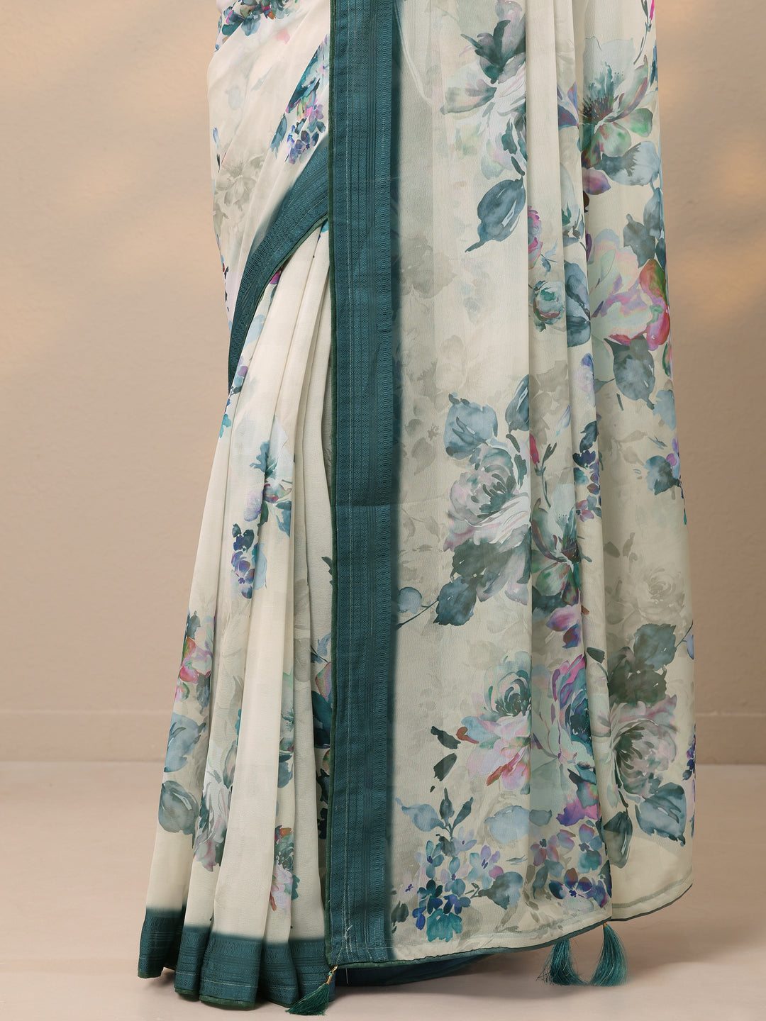  Teal Printed Georgette Saree With Unstitched Blouse Piece 