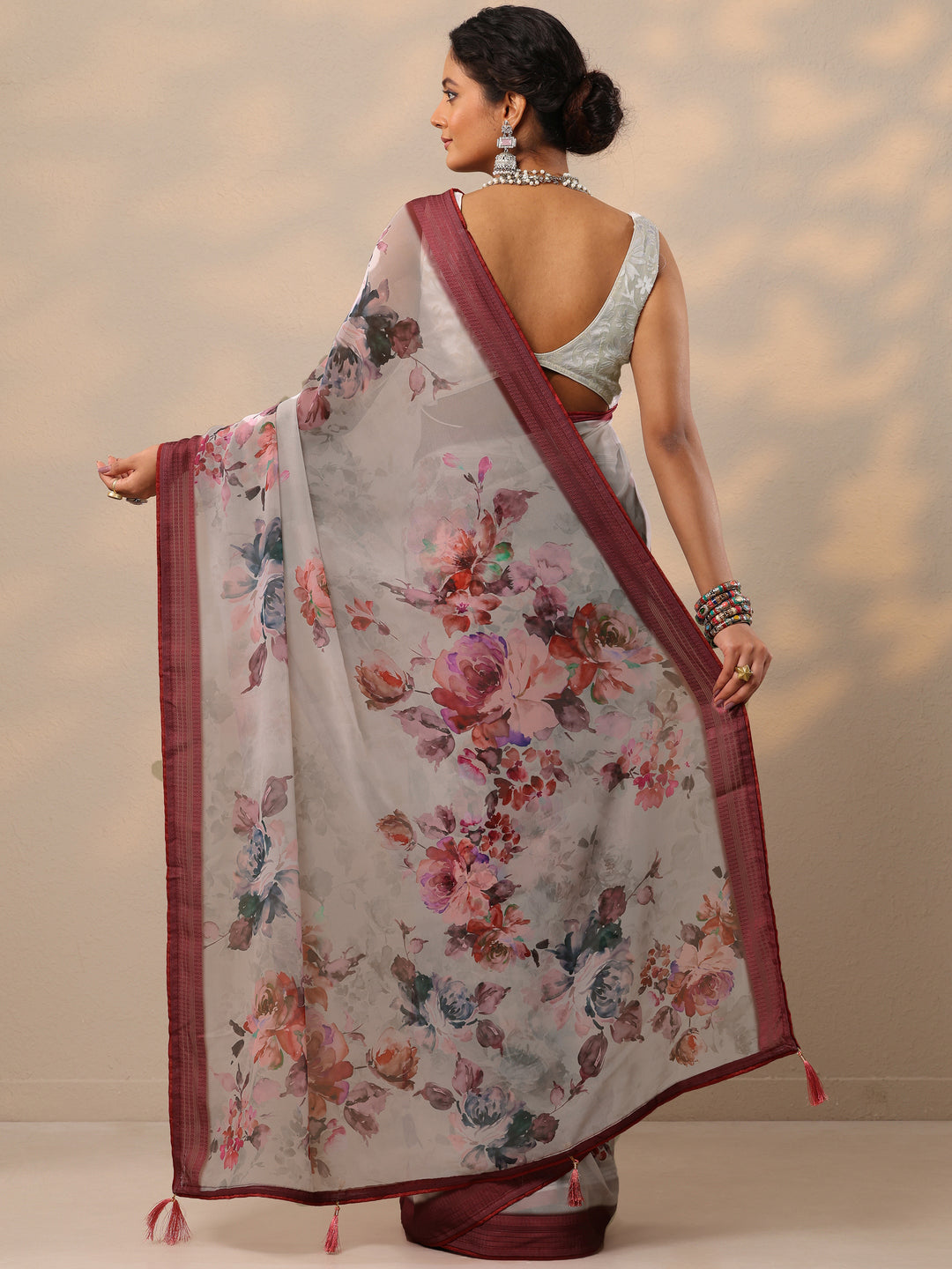  Maroon Printed Georgette Saree With Unstitched Blouse Piece 
