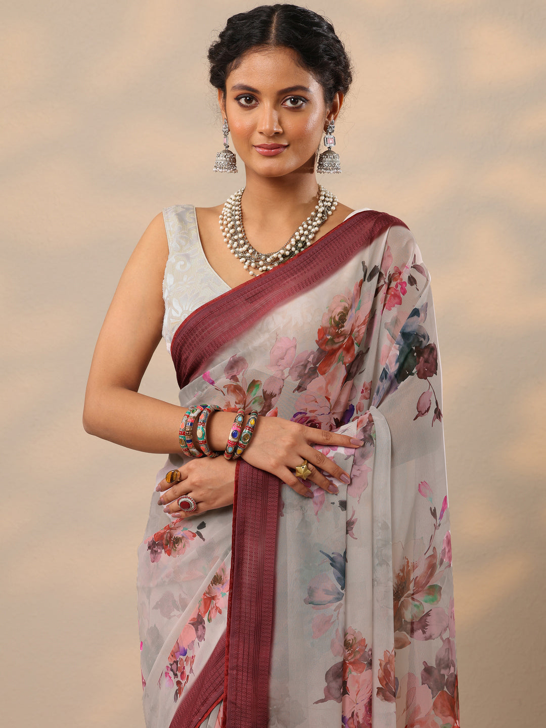 Maroon Printed Georgette Saree With Unstitched Blouse Piece