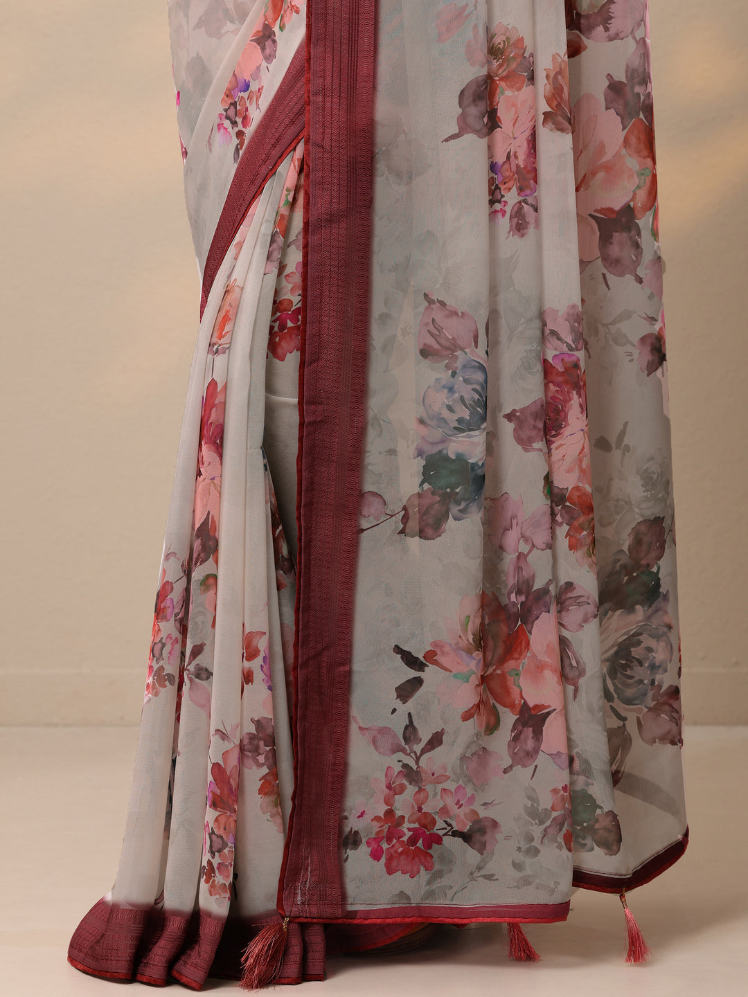  Maroon Printed Georgette Saree With Unstitched Blouse Piece 