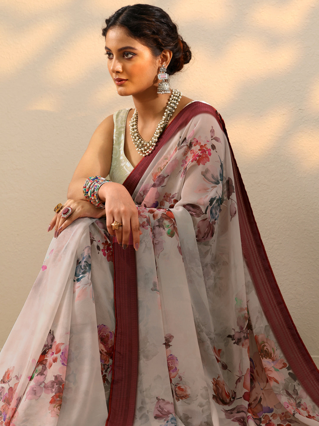  Maroon Printed Georgette Saree With Unstitched Blouse Piece 