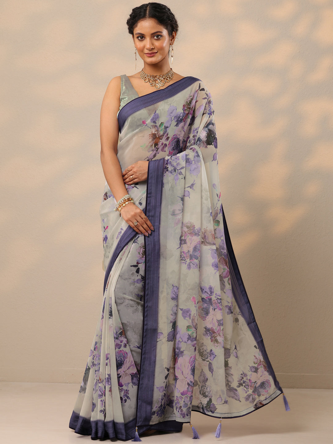 Purple Printed Georgette Saree With Unstitched Blouse Piece