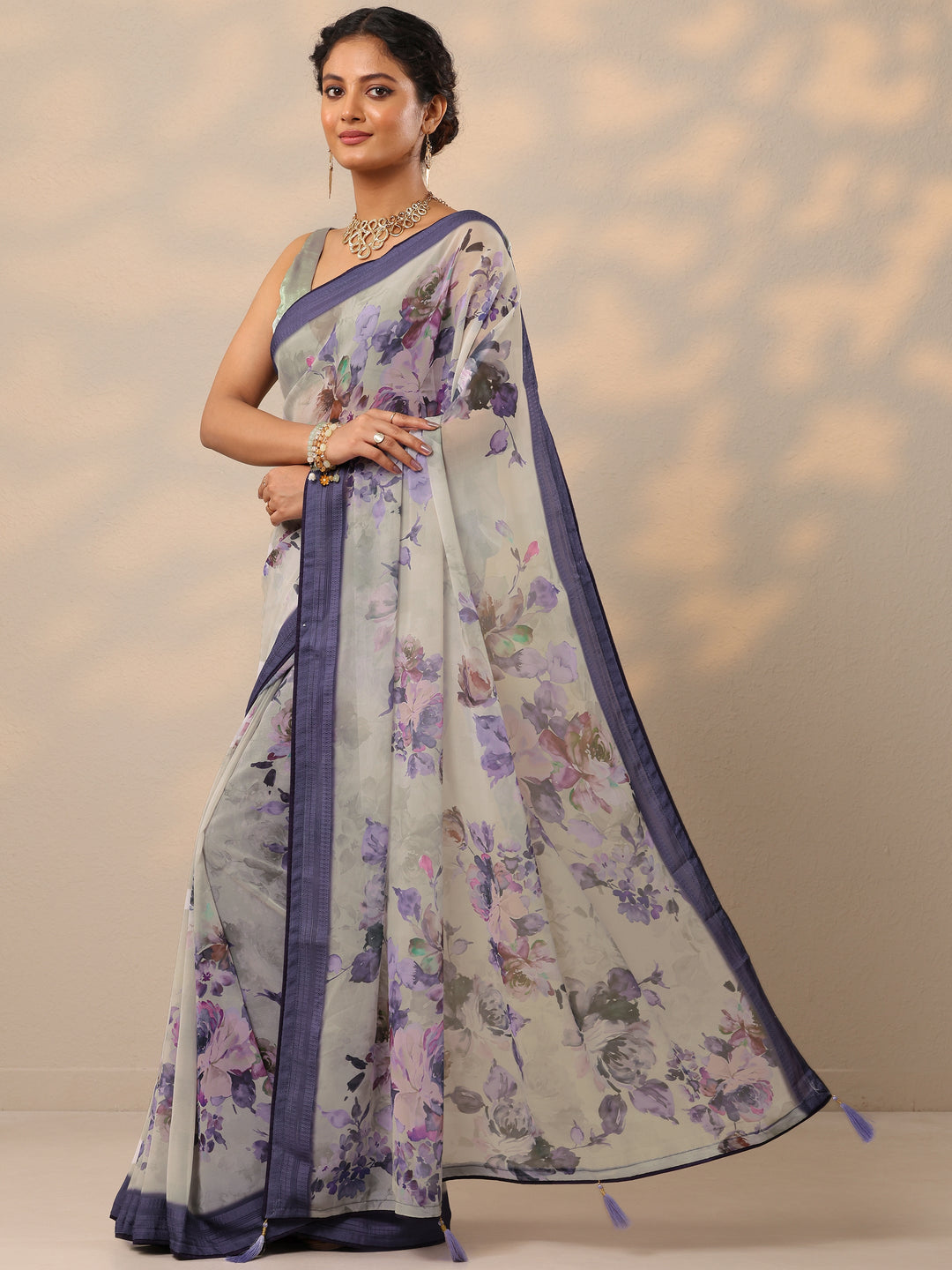  Purple Printed Georgette Saree With Unstitched Blouse Piece 