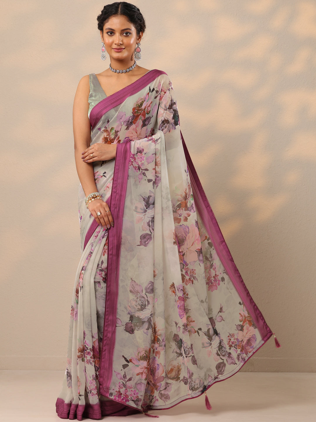  Pink Printed Georgette Saree With Unstitched Blouse Piece 