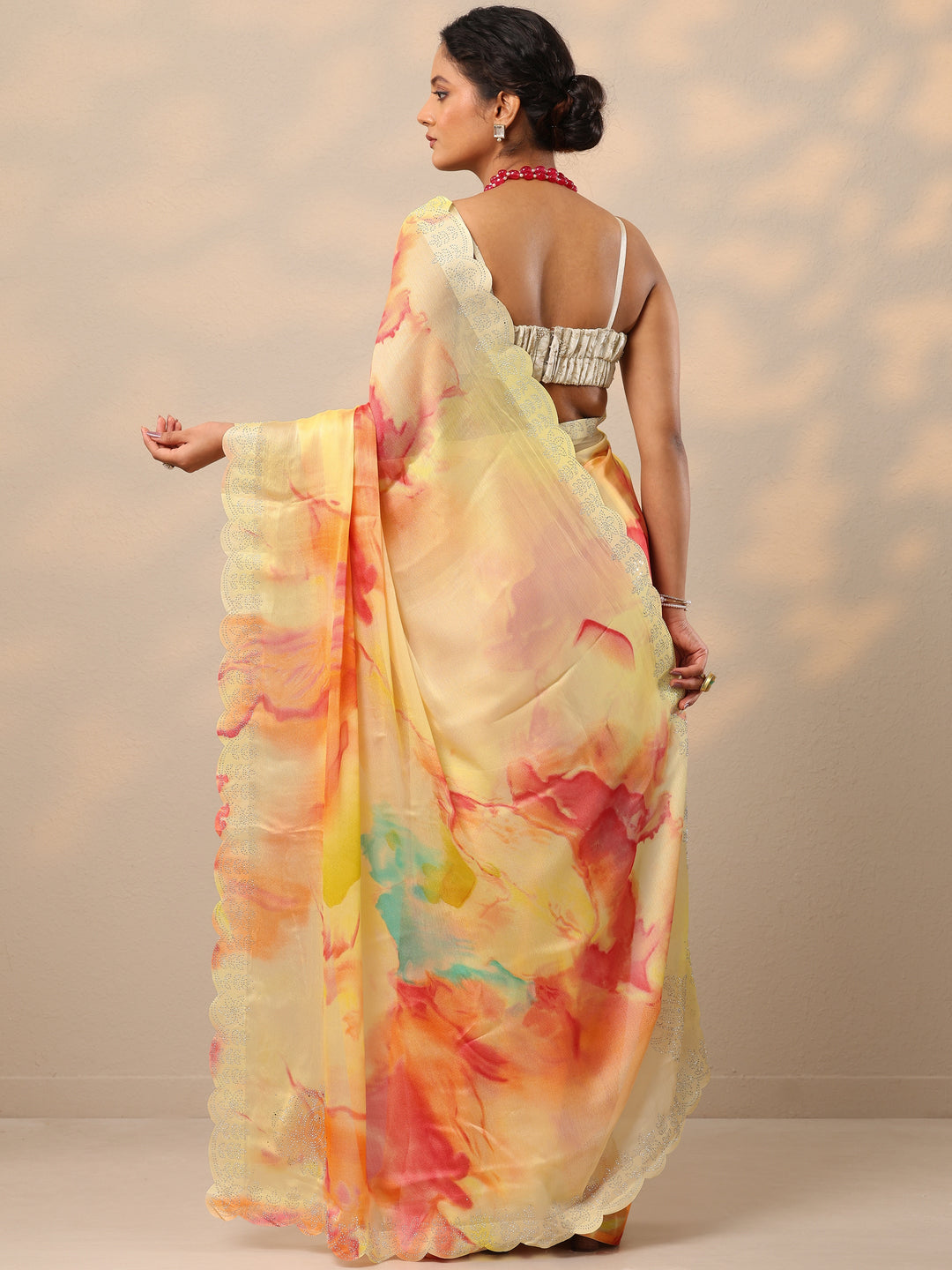  Yellow Embellished Chinon Saree With Unstitched Blouse Piece 