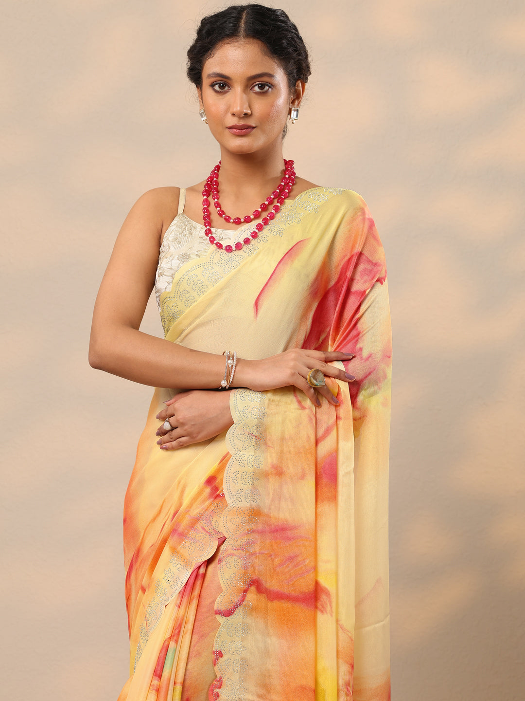  Yellow Embellished Chinon Saree With Unstitched Blouse Piece 