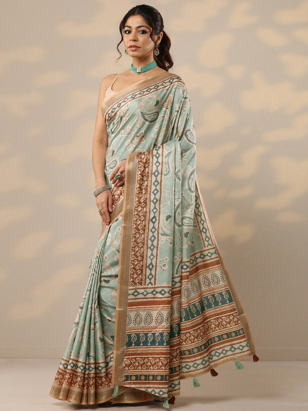  Blue Printed Silk Blend Sarees With Unstitched Blouse Piece 