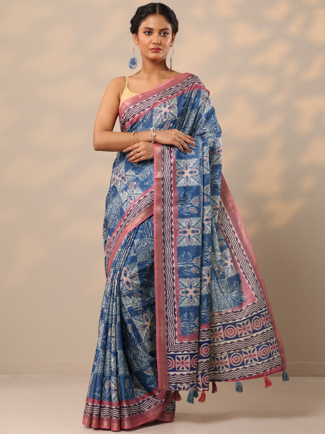  Blue Block Printed Silk blend Saree With Unstitched Blouse Piece 
