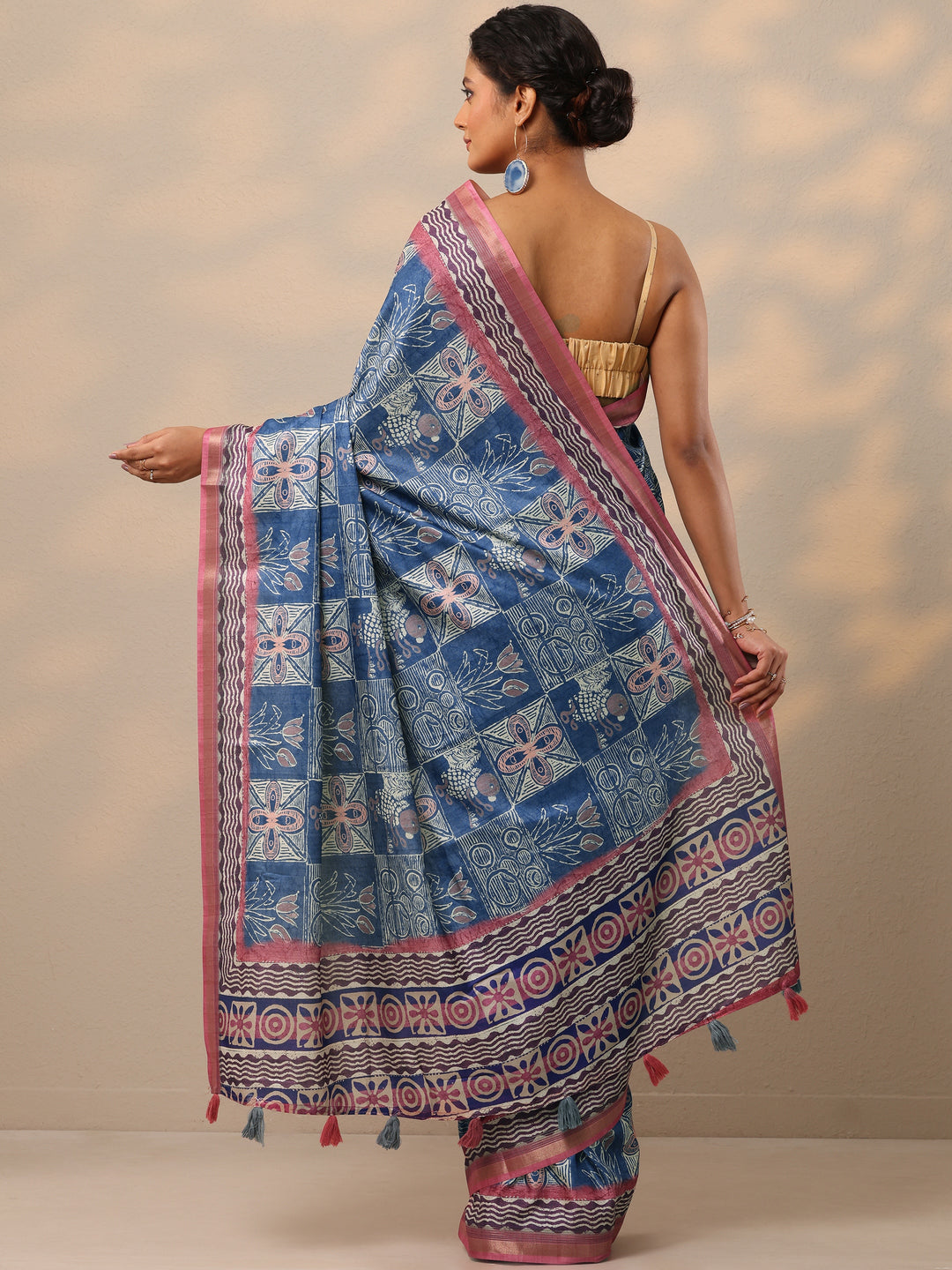  Blue Block Printed Silk blend Saree With Unstitched Blouse Piece 
