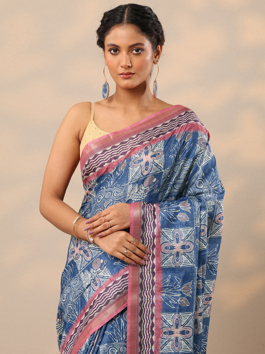  Blue Block Printed Silk blend Saree With Unstitched Blouse Piece 