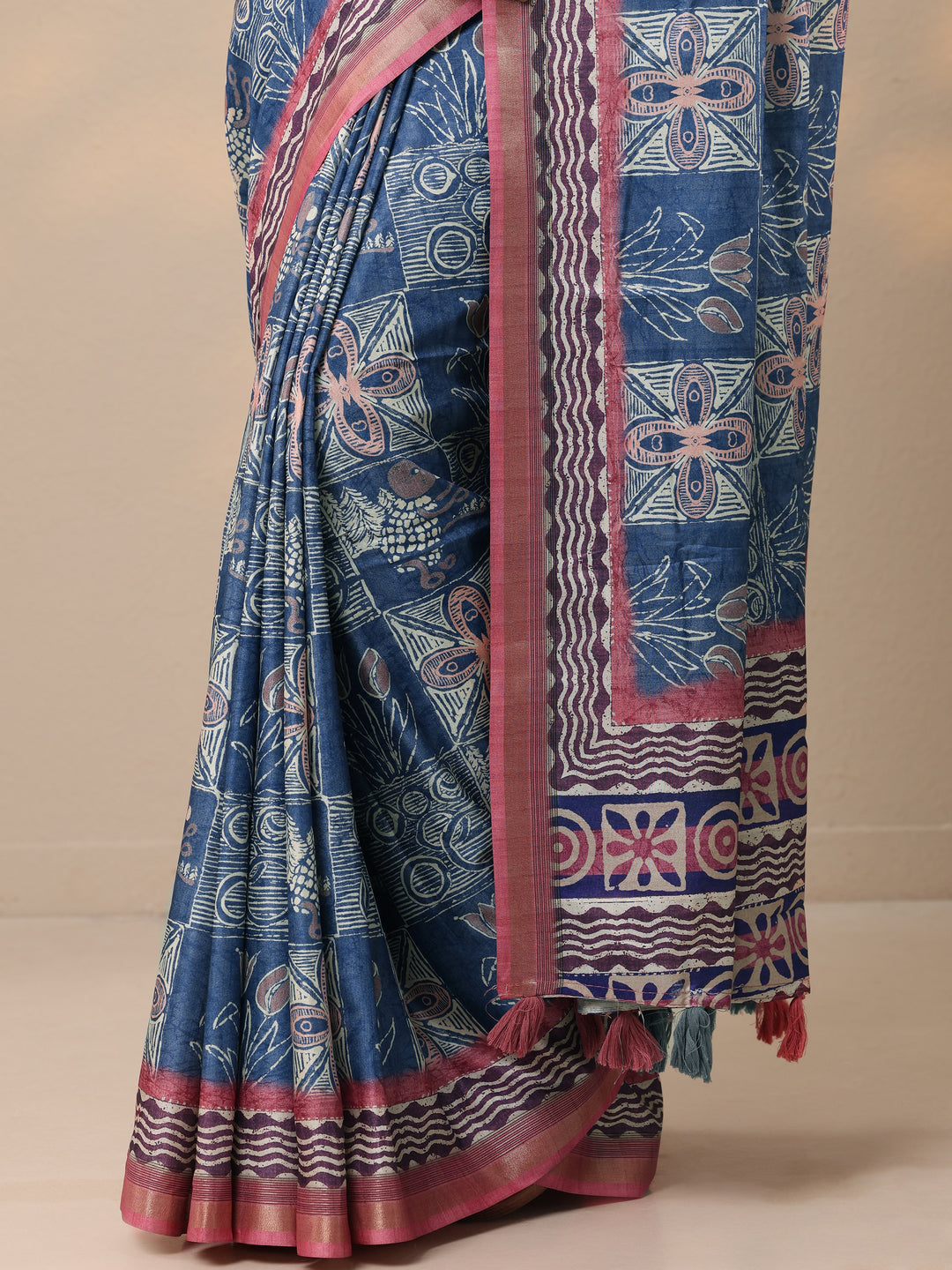  Blue Block Printed Silk blend Saree With Unstitched Blouse Piece 