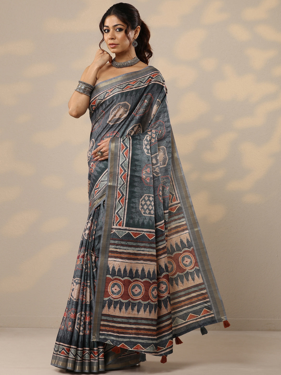  Blue Printed Silk Blend Sarees With Unstitched Blouse Piece 