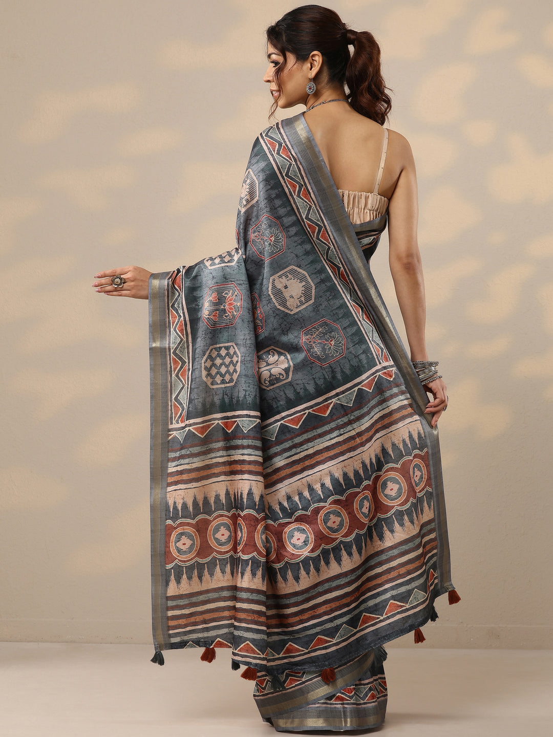  Blue Printed Silk Blend Sarees With Unstitched Blouse Piece 