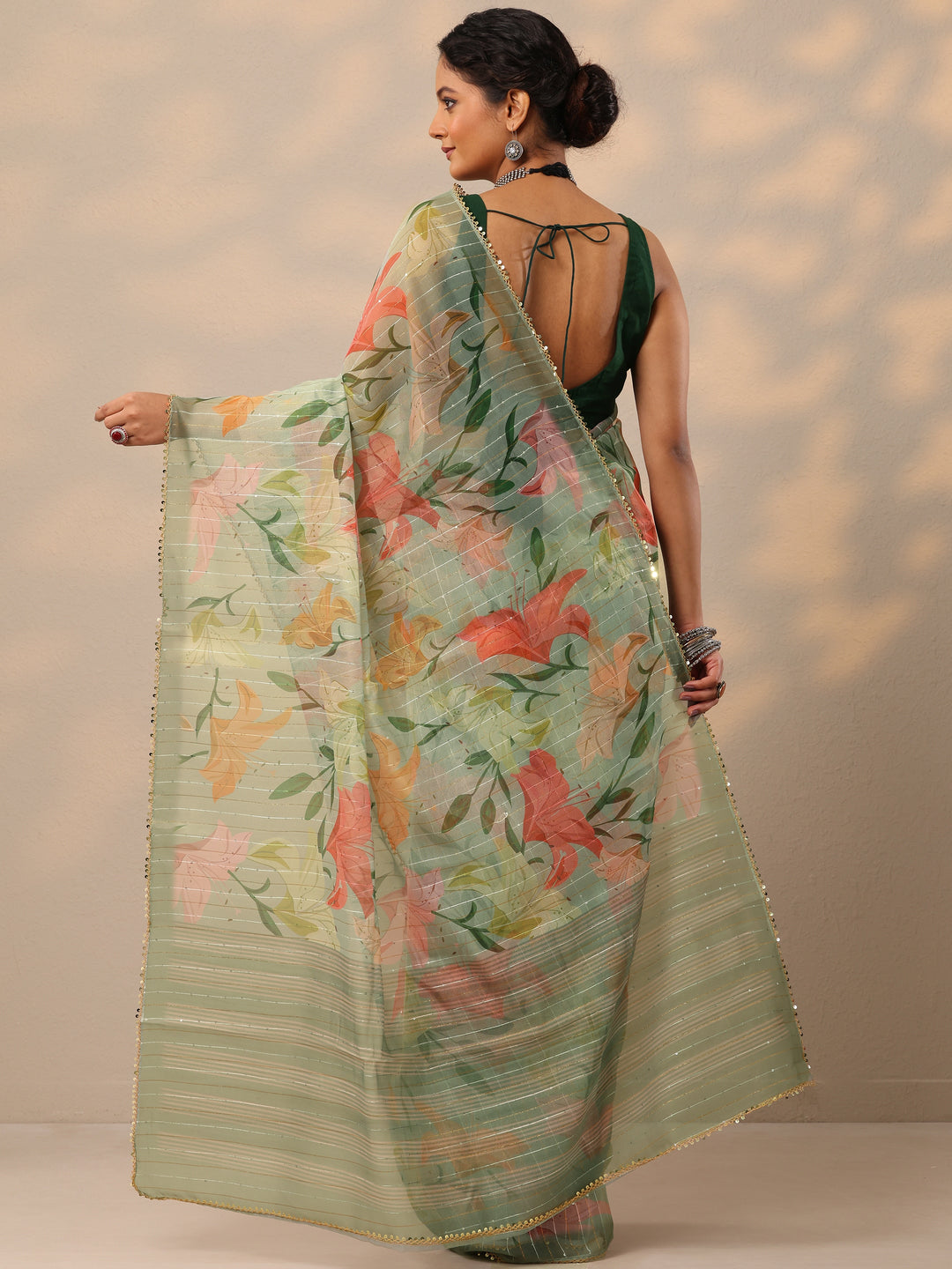  Green Printed Nylon Saree With Unstitched Blouse Piece 