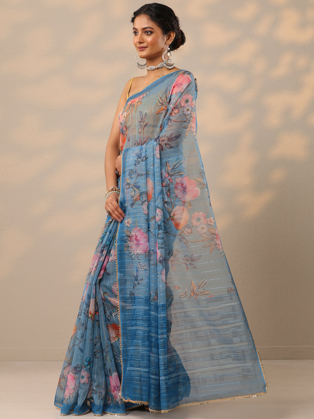  Blue Printed Nylon Saree With Unstitched Blouse Piece 