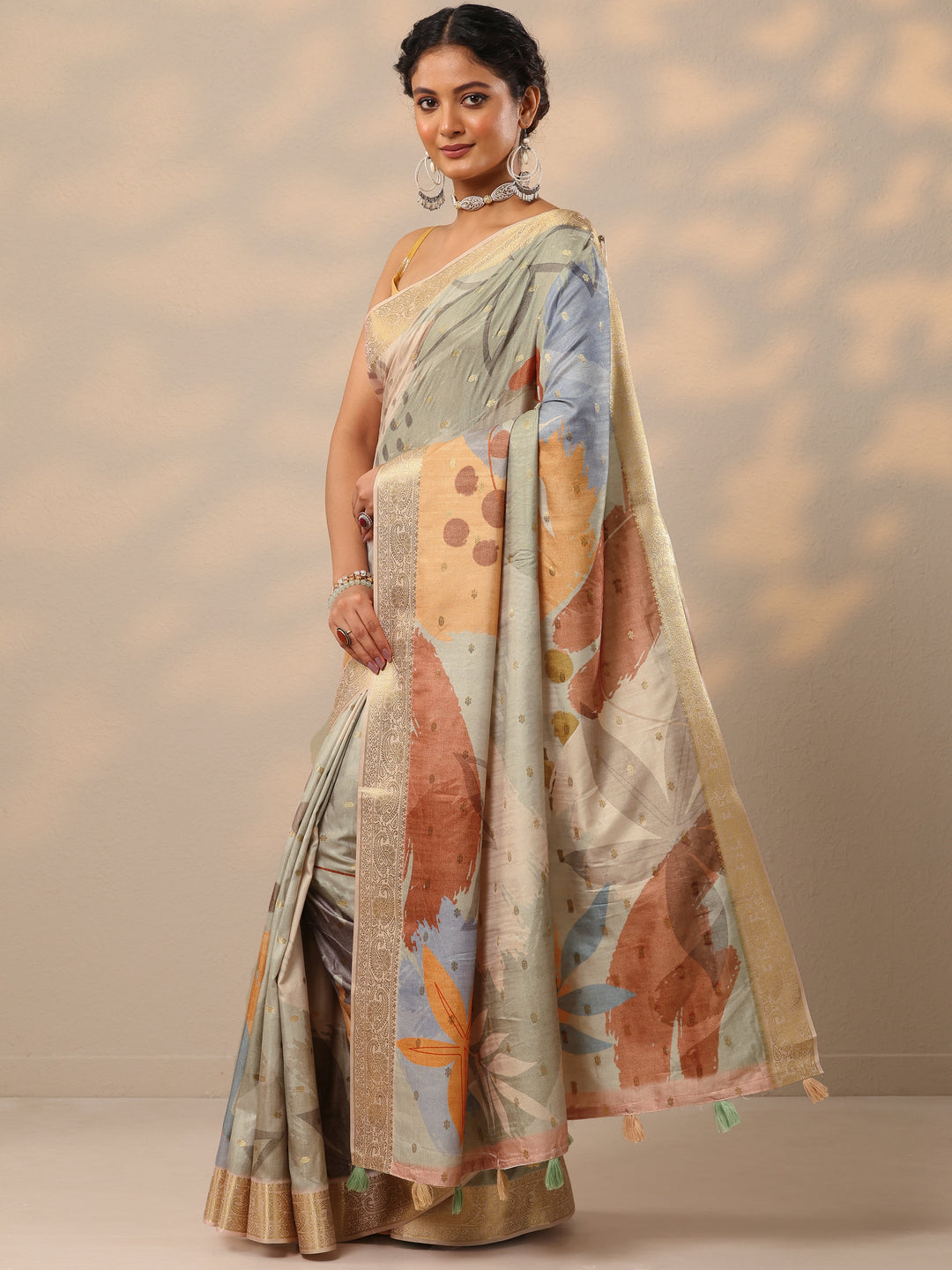  Green Printed Silk blend Saree With Unstitched Blouse Piece 