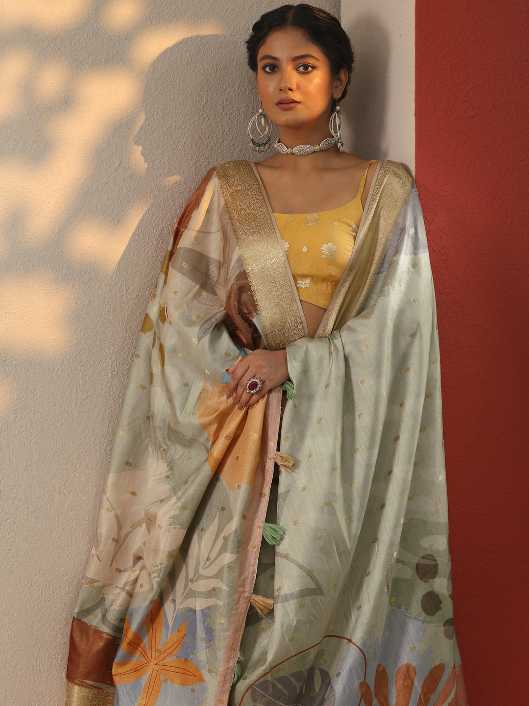  Green Printed Silk blend Saree With Unstitched Blouse Piece 