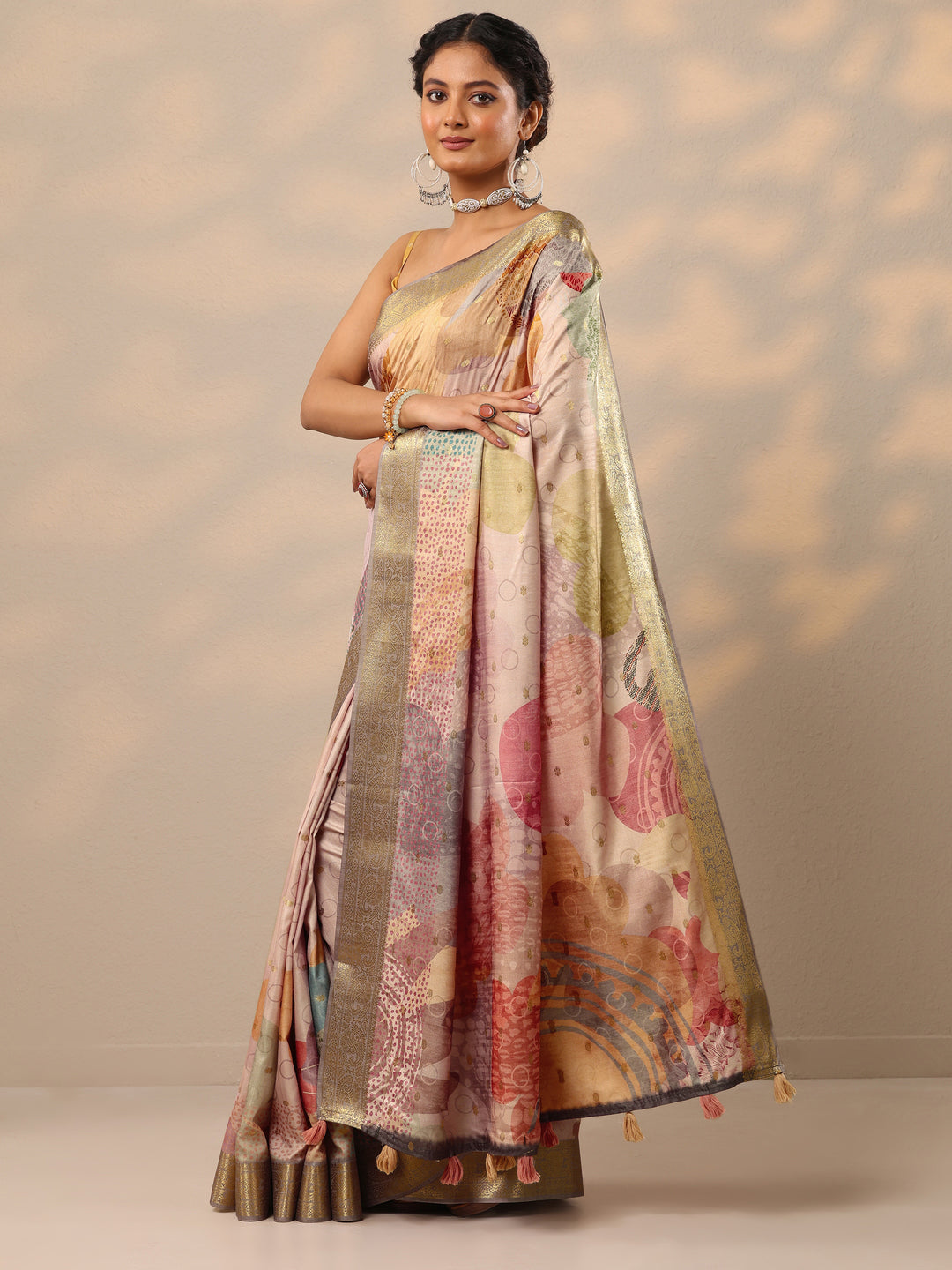  Beige Printed Silk blend Saree With Unstitched Blouse Piece 
