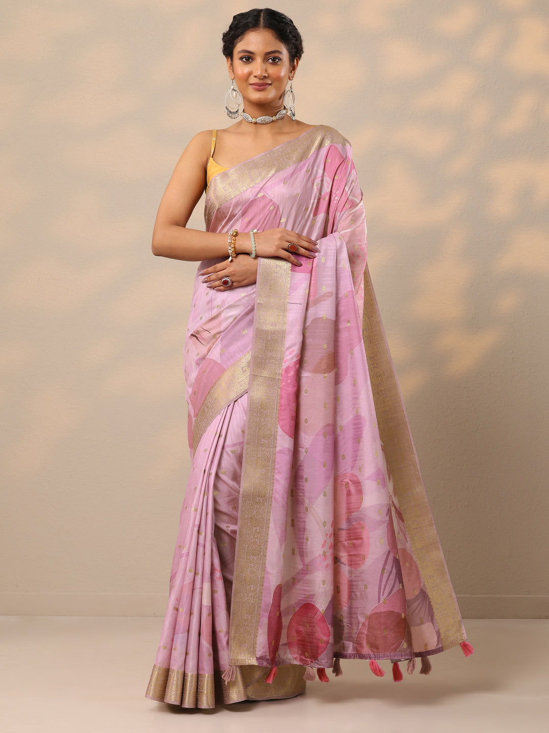 Lavender Printed Silk blend Saree With Unstitched Blouse Piece