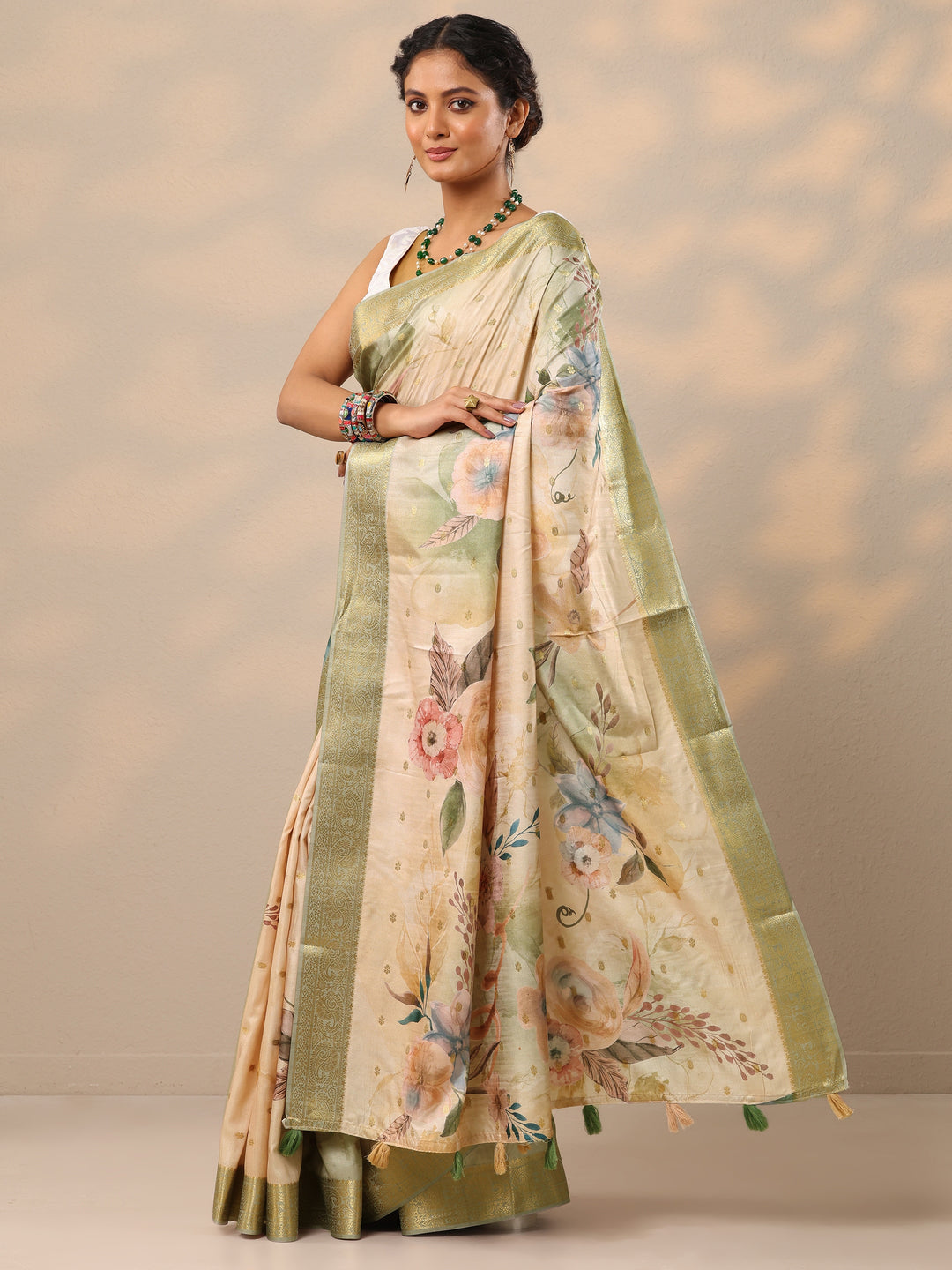  Beige Printed Silk blend Saree With Unstitched Blouse Piece 