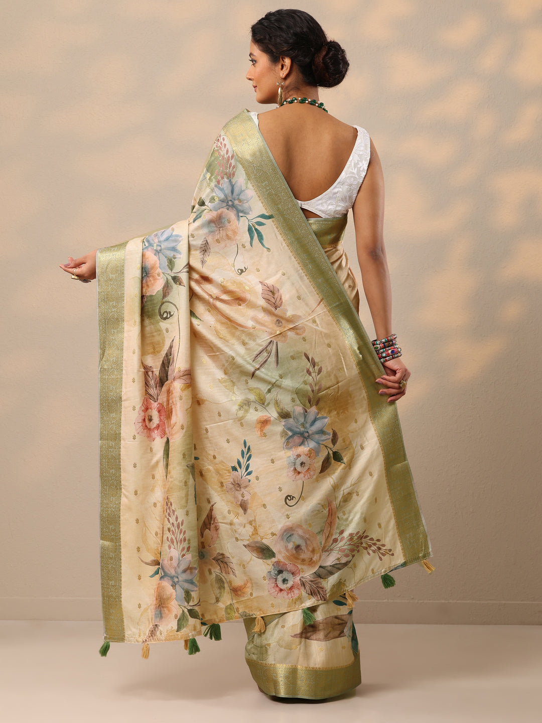  Beige Printed Silk blend Saree With Unstitched Blouse Piece 