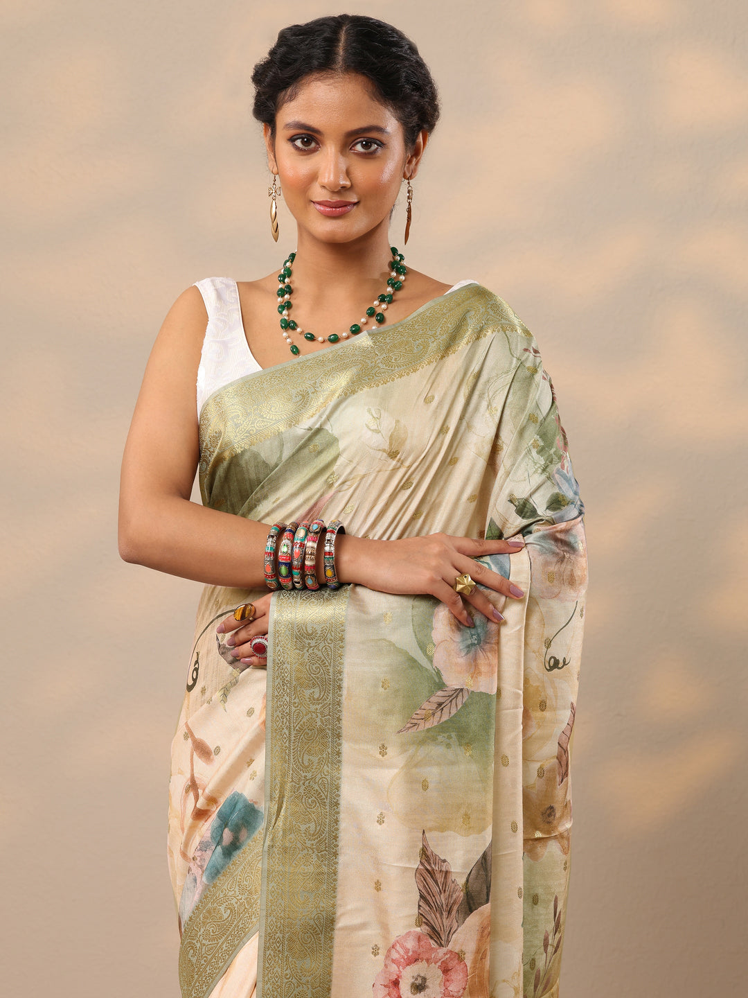  Beige Printed Silk blend Saree With Unstitched Blouse Piece 