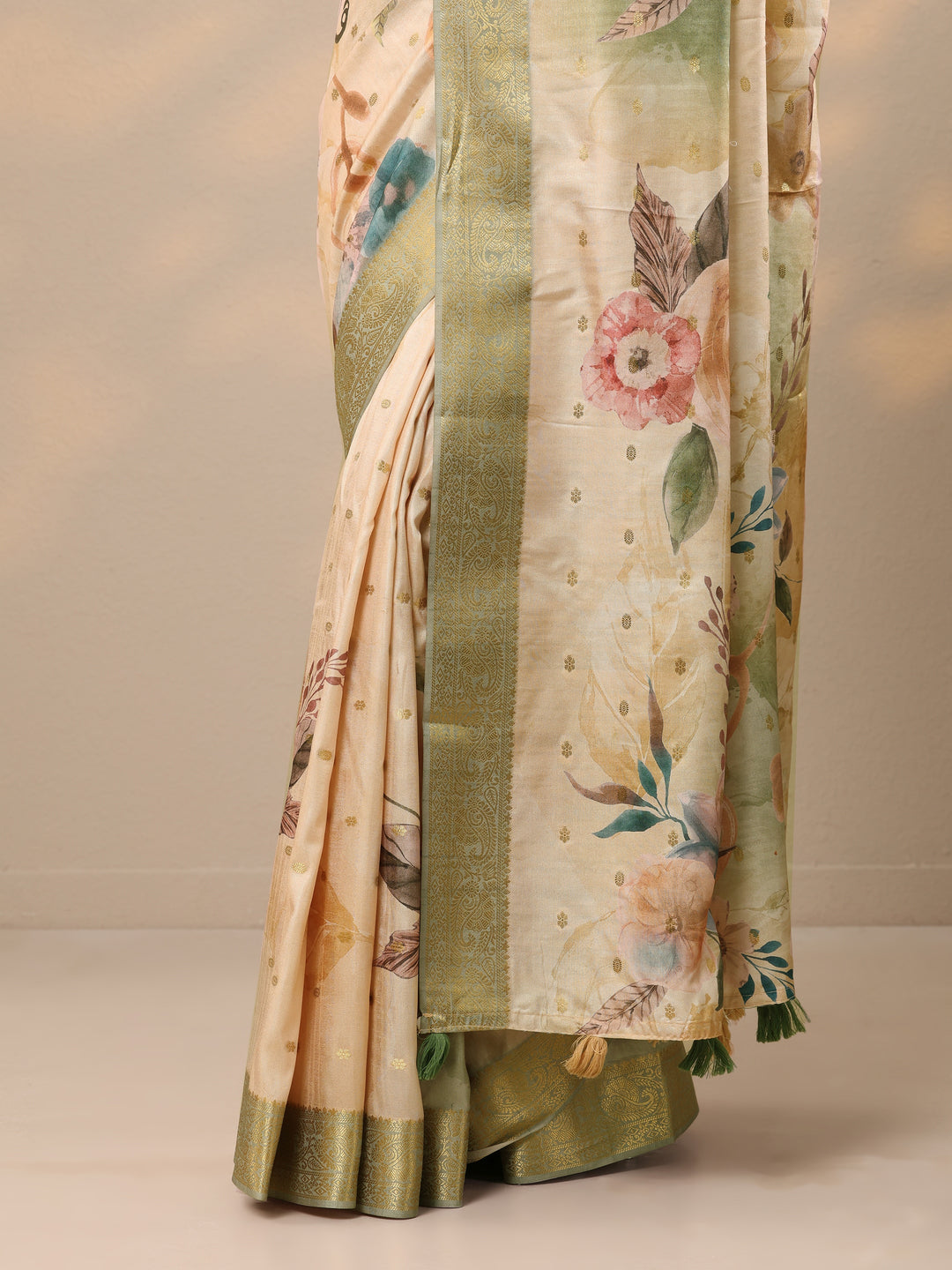  Beige Printed Silk blend Saree With Unstitched Blouse Piece 