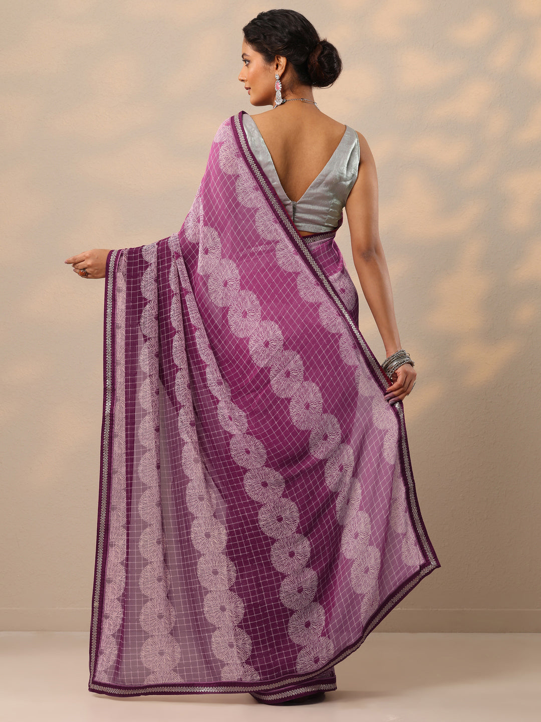  Purple Printed Georgette Saree With Unstitched Blouse Piece 