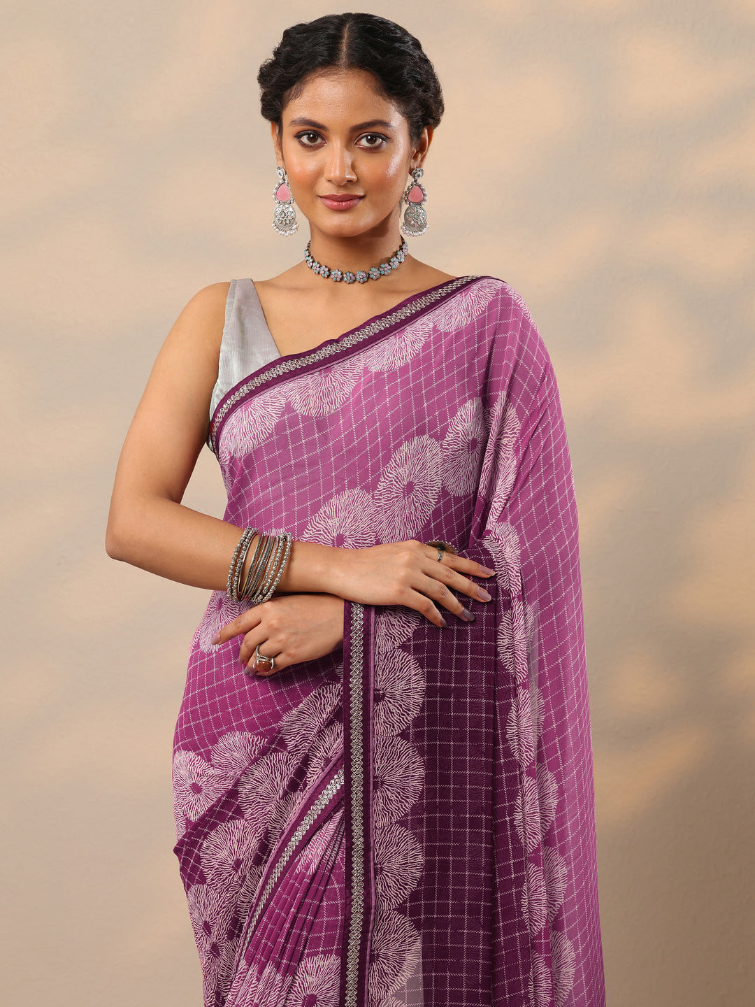  Purple Printed Georgette Saree With Unstitched Blouse Piece 