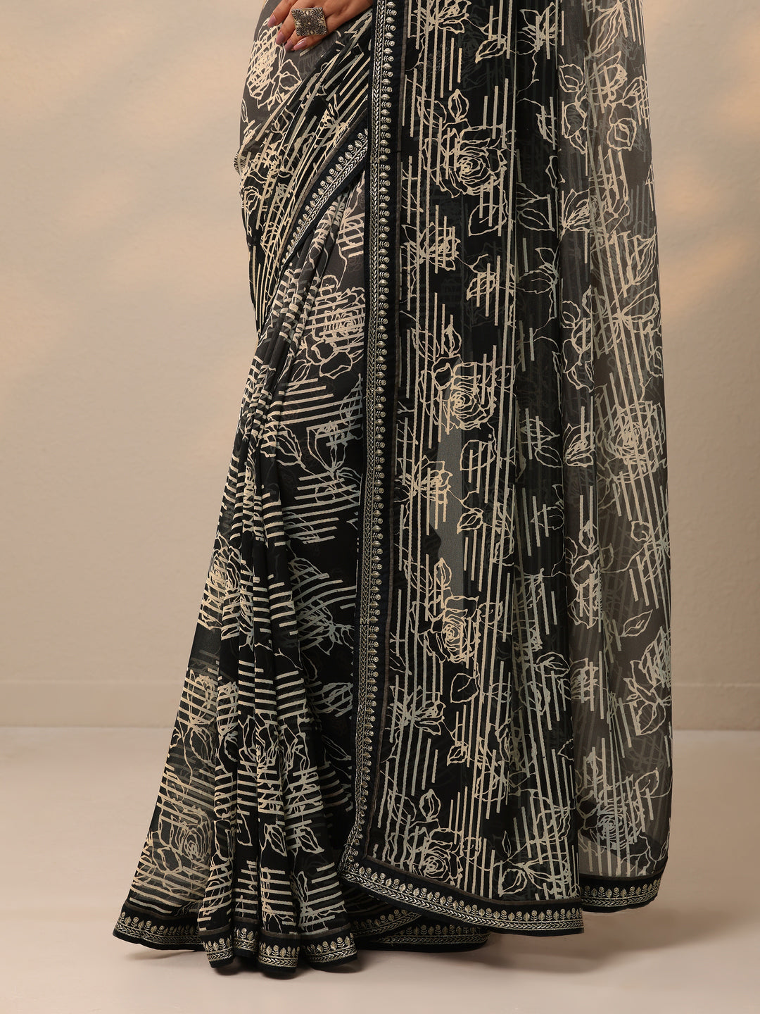  Black Printed Georgette Saree With Unstitched Blouse Piece 