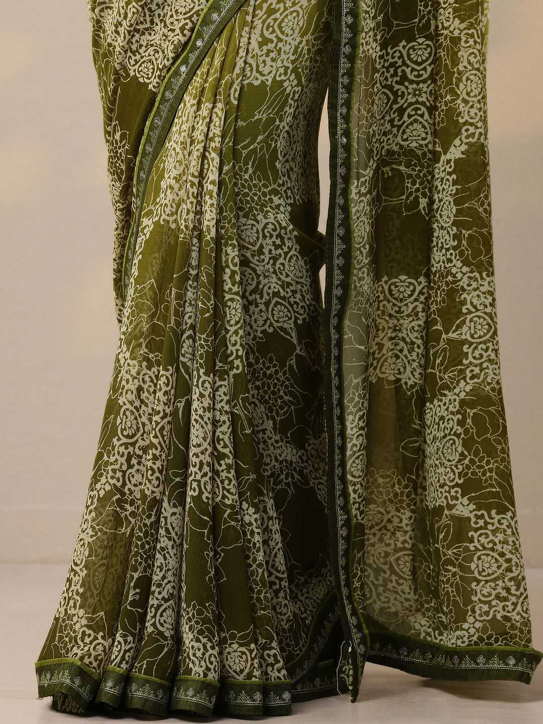  Green Printed Georgette Sarees With Unstitched Blouse Piece 