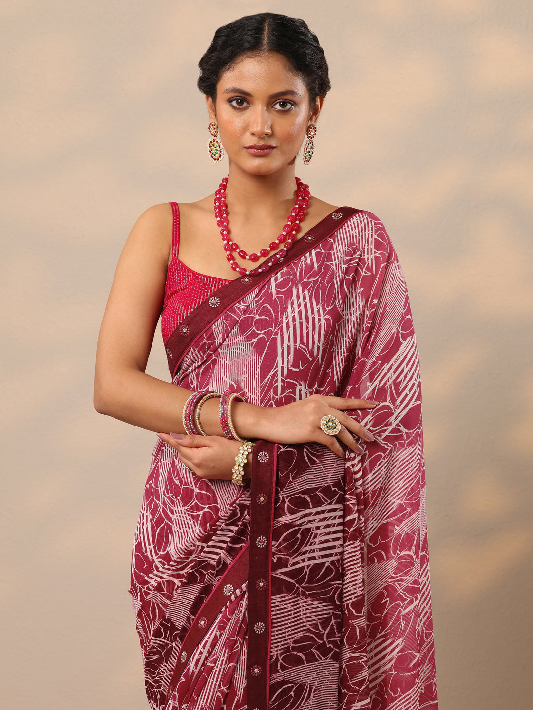  Maroon Printed Georgette Saree With Unstitched Blouse Piece 