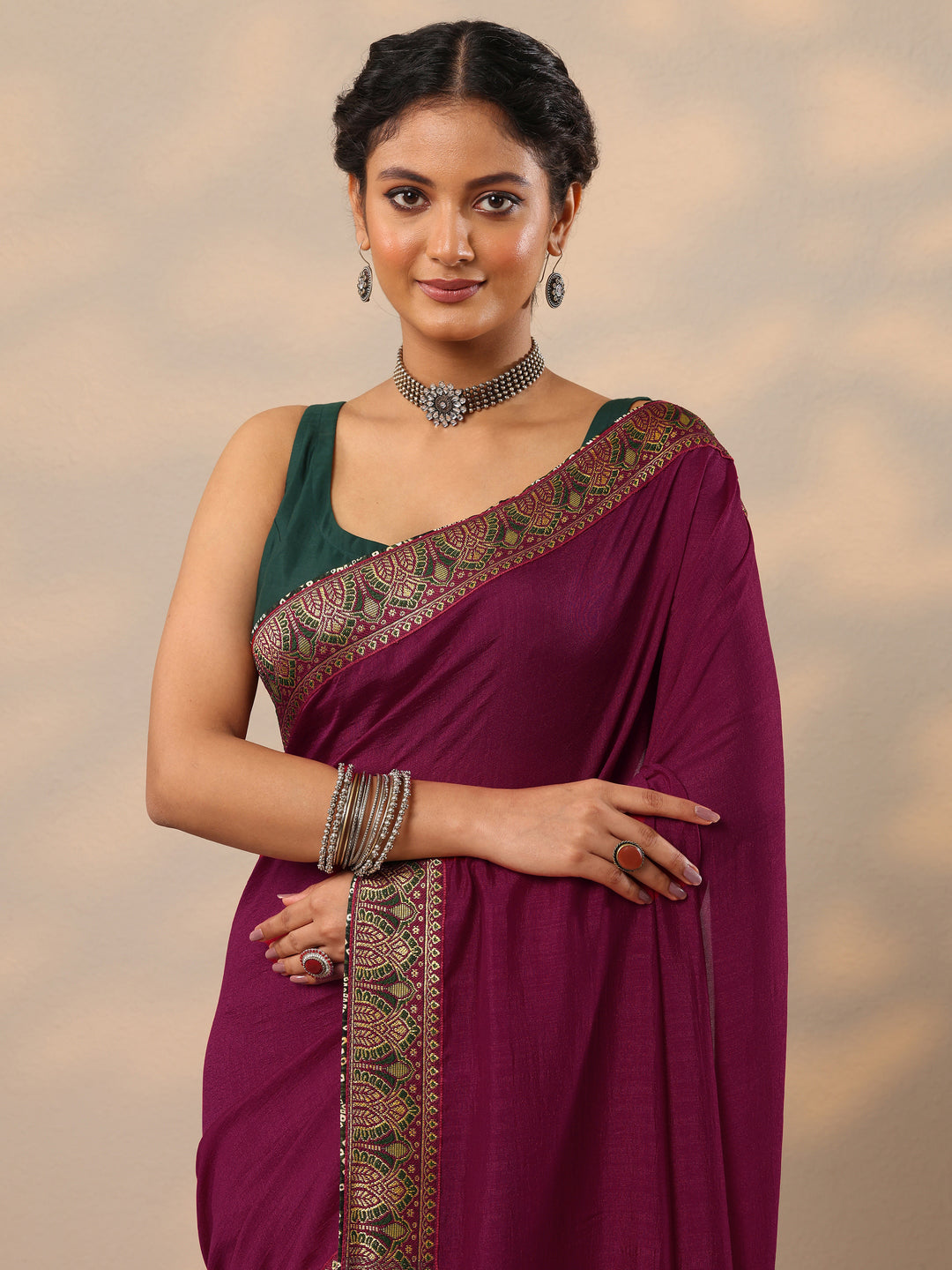 Magenta Solid Silk blend Saree With Unstitched Blouse Piece 