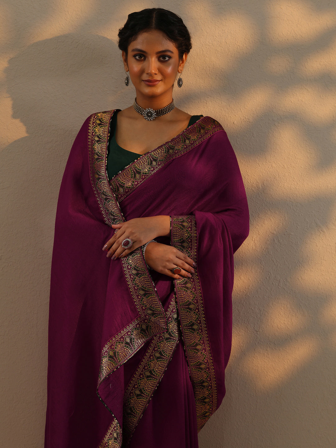  Magenta Solid Silk blend Saree With Unstitched Blouse Piece 