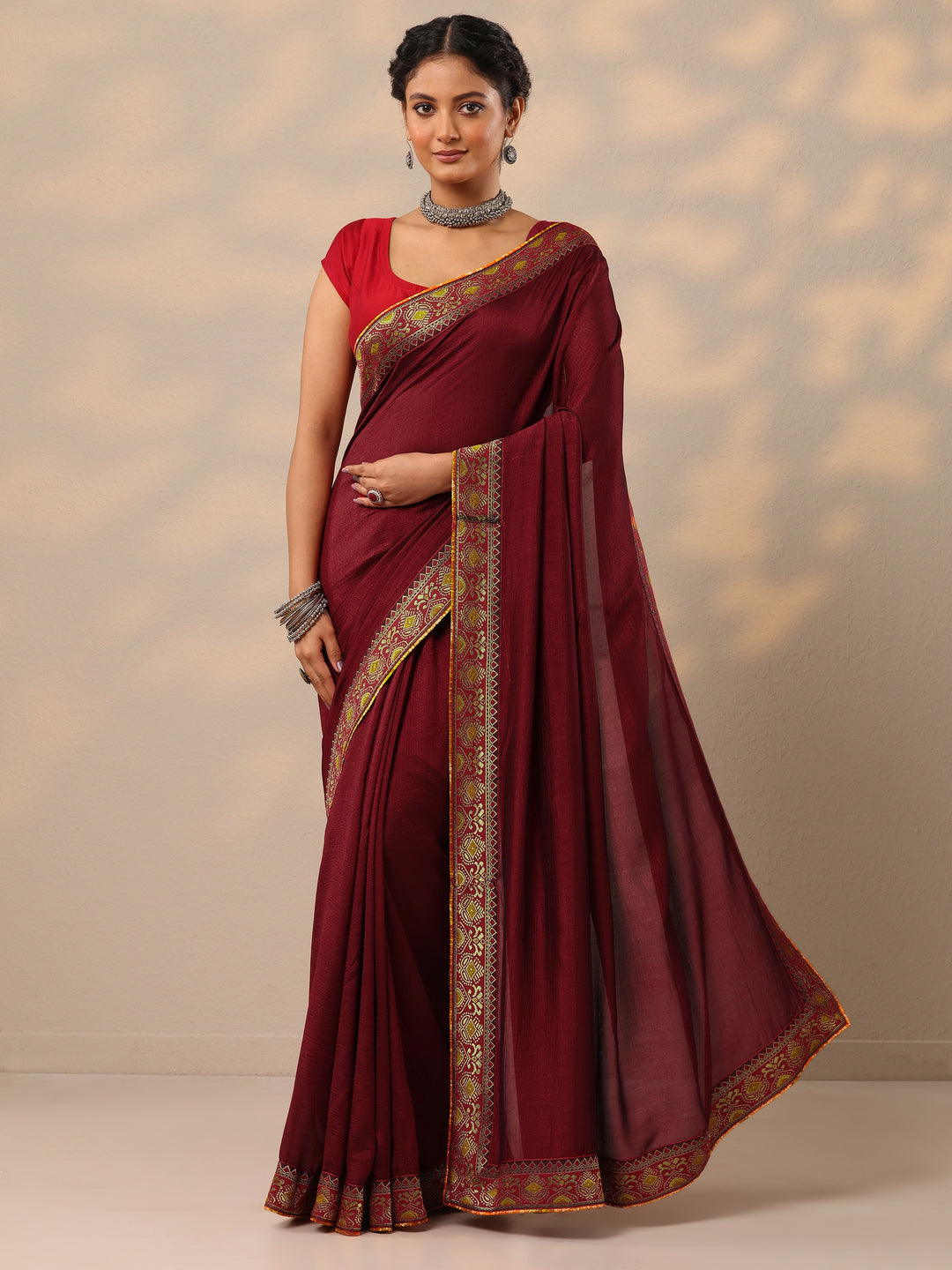  Maroon Solid Silk blend Saree With Unstitched Blouse Piece 