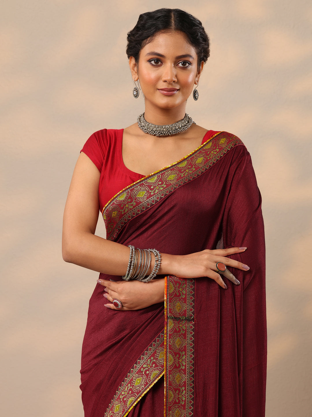  Maroon Solid Silk blend Saree With Unstitched Blouse Piece 