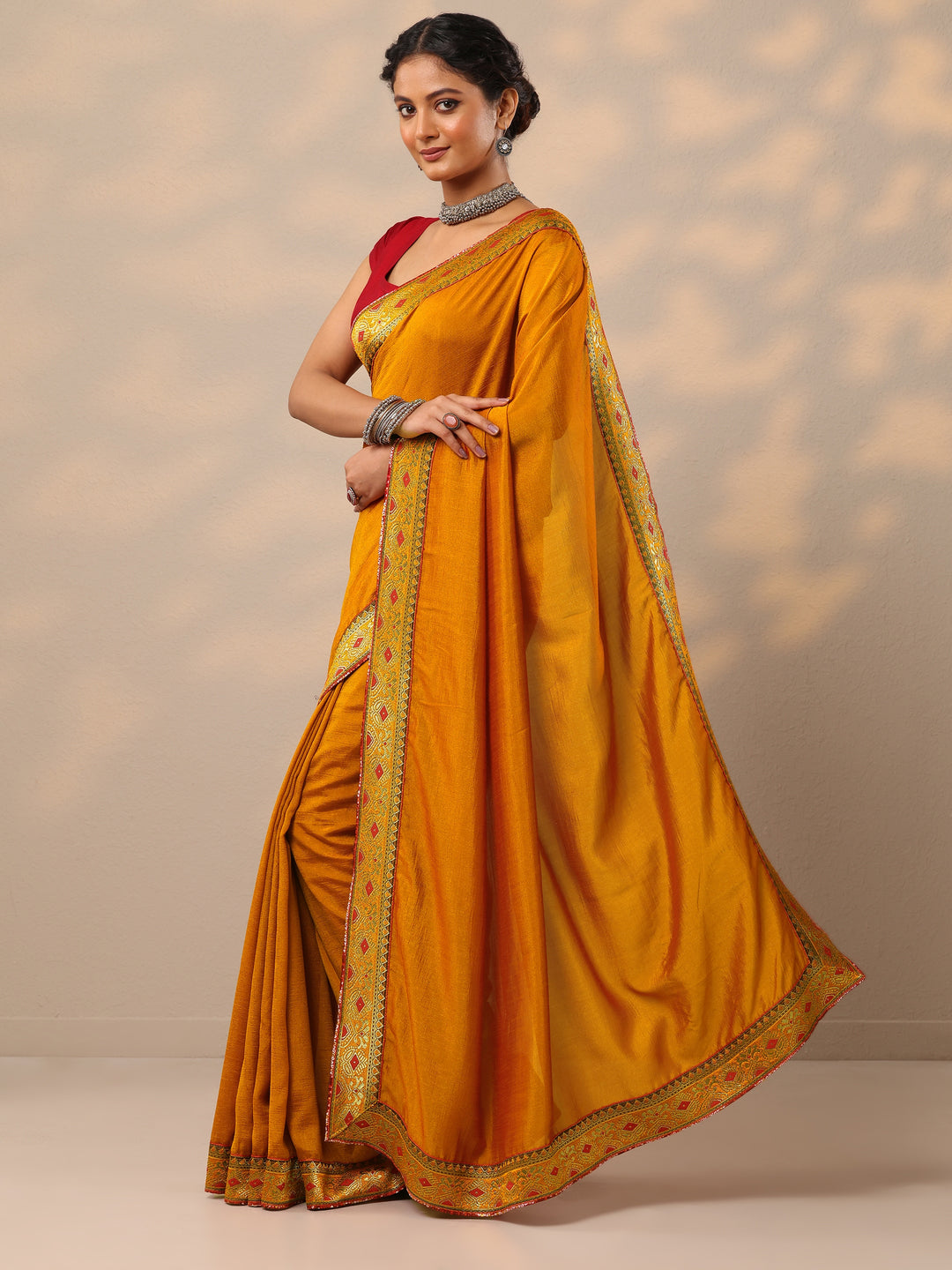  Mustard Solid Silk blend Saree With Unstitched Blouse Piece 