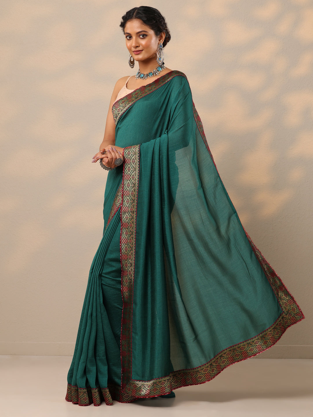  Teal Solid Silk blend Saree With Unstitched Blouse Piece 