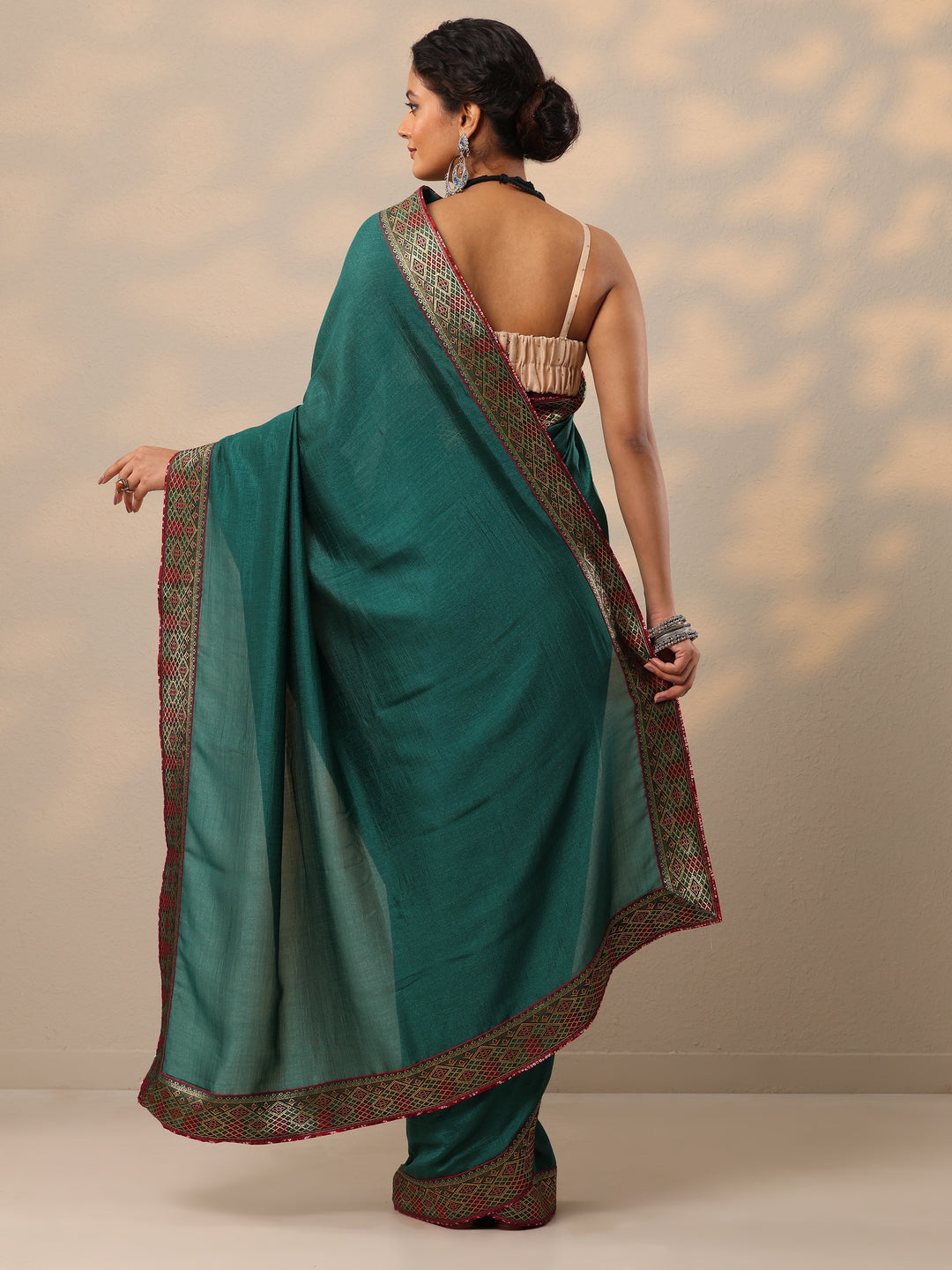  Teal Solid Silk blend Saree With Unstitched Blouse Piece 