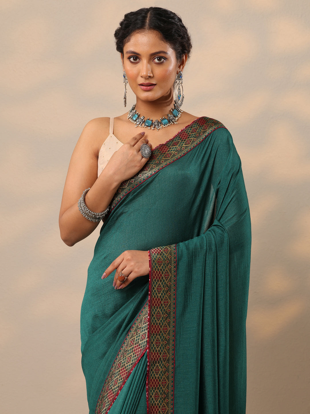  Teal Solid Silk blend Saree With Unstitched Blouse Piece 