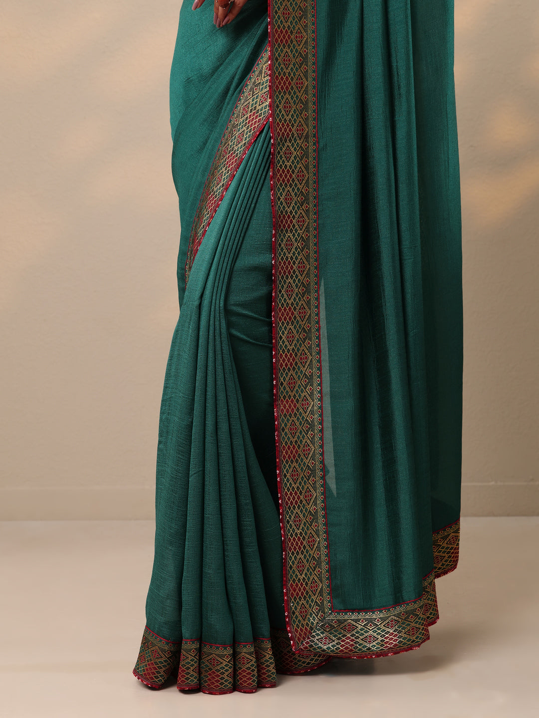  Teal Solid Silk blend Saree With Unstitched Blouse Piece 