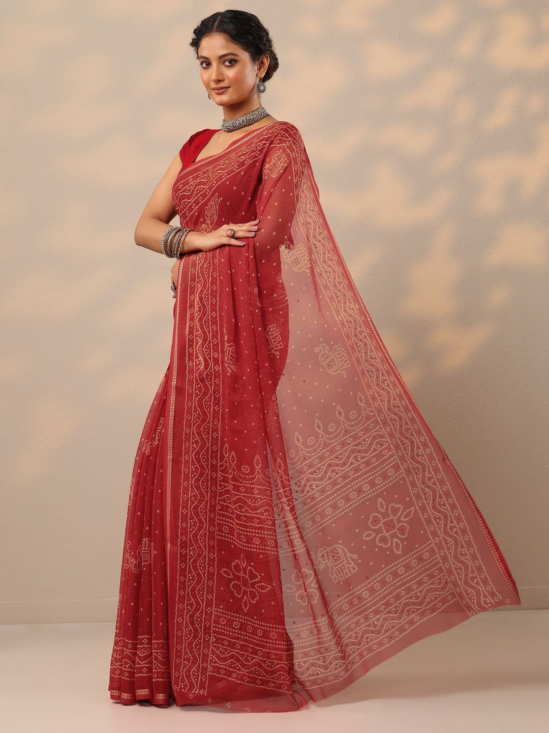  Red Bandhani Printed Chiffon Saree With Unstitched Blouse Piece 