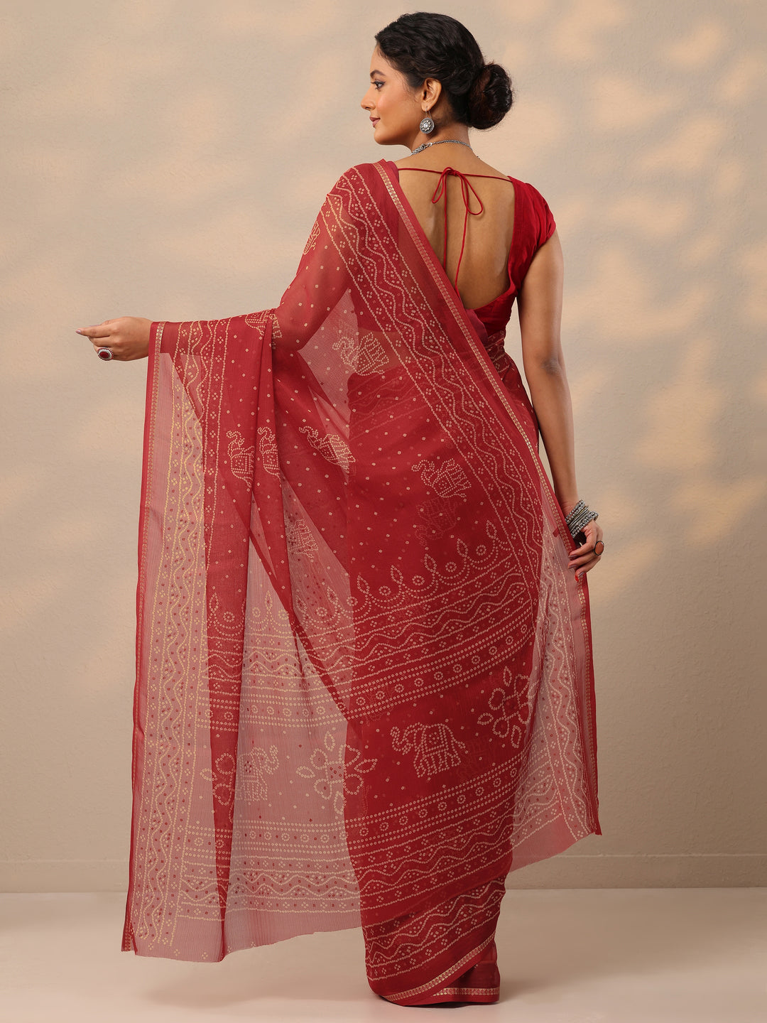  Red Bandhani Printed Chiffon Saree With Unstitched Blouse Piece 
