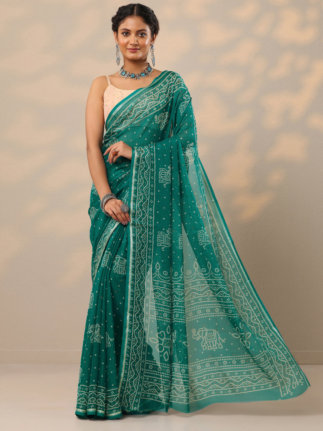  Teal Bandhani Printed Chiffon Saree With Unstitched Blouse Piece 