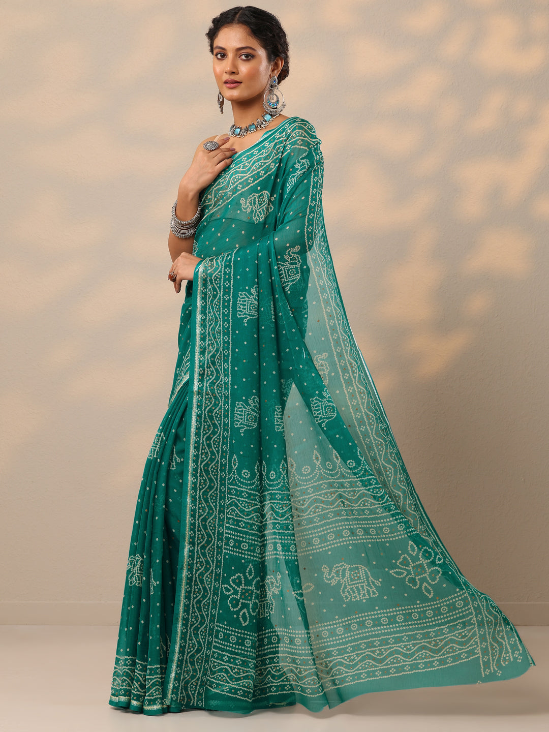  Teal Bandhani Printed Chiffon Saree With Unstitched Blouse Piece 