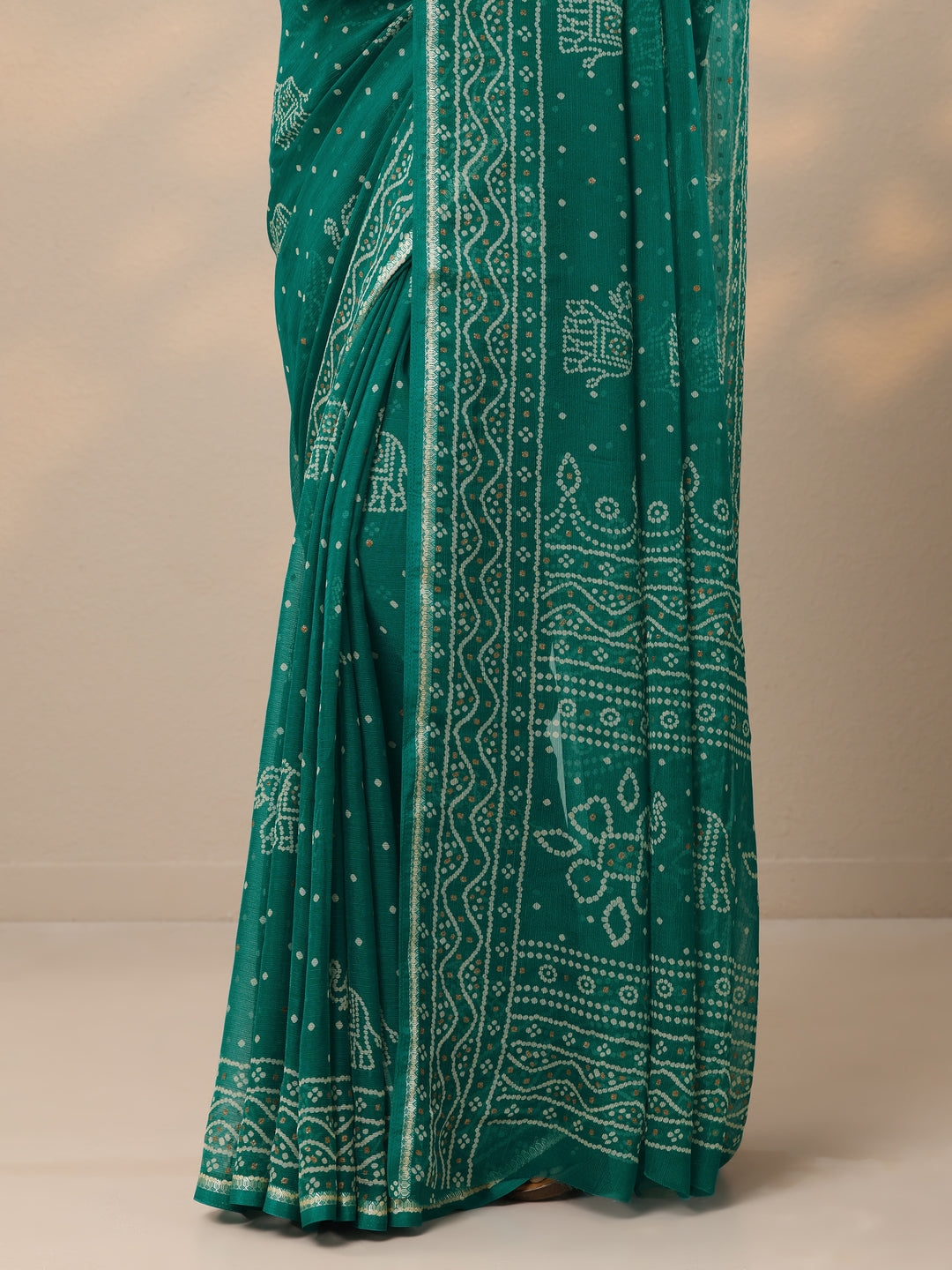  Teal Bandhani Printed Chiffon Saree With Unstitched Blouse Piece 