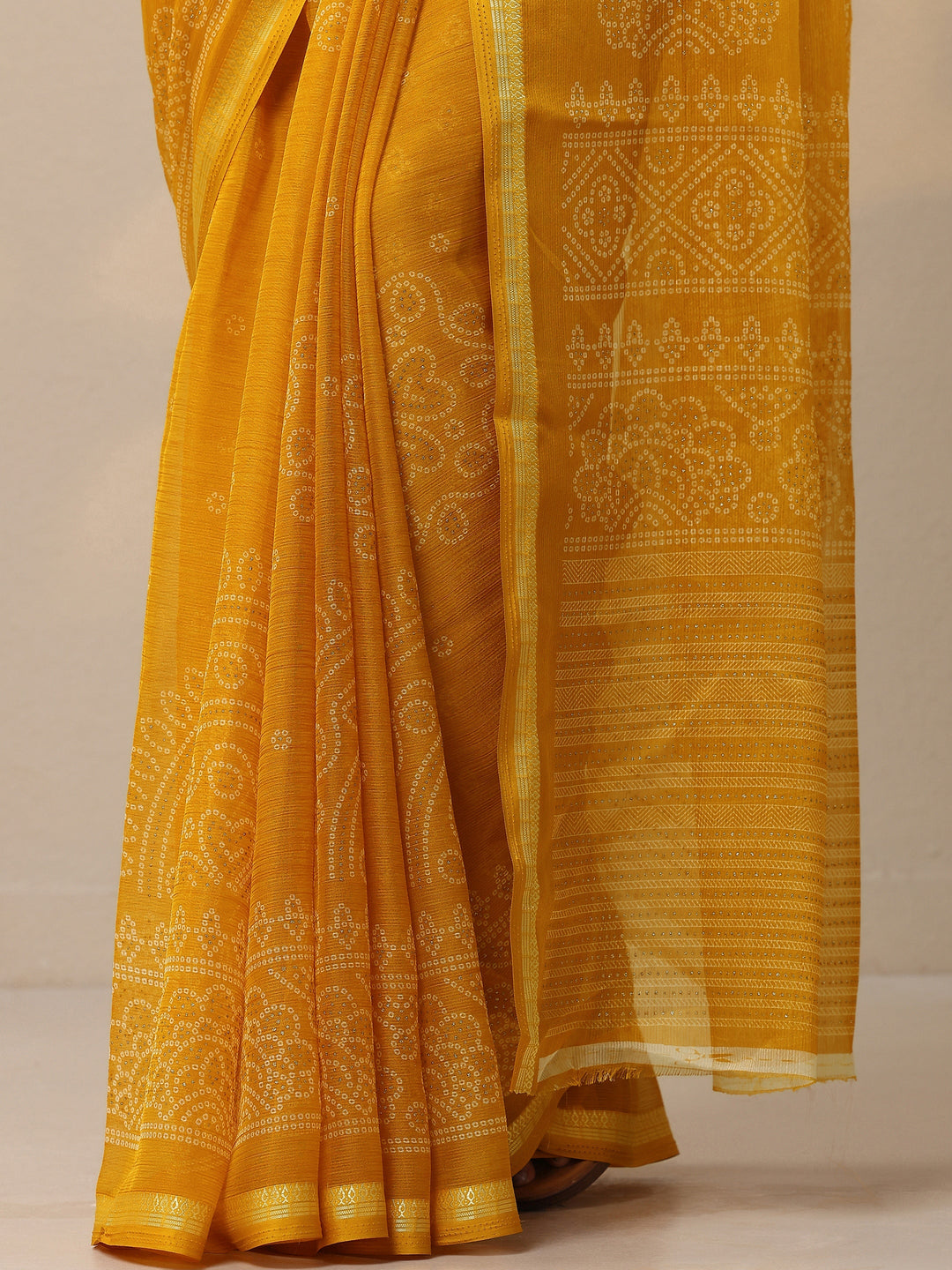  Yellow Bandhani Printed Chiffon Sarees With Unstitched Blouse Piece 