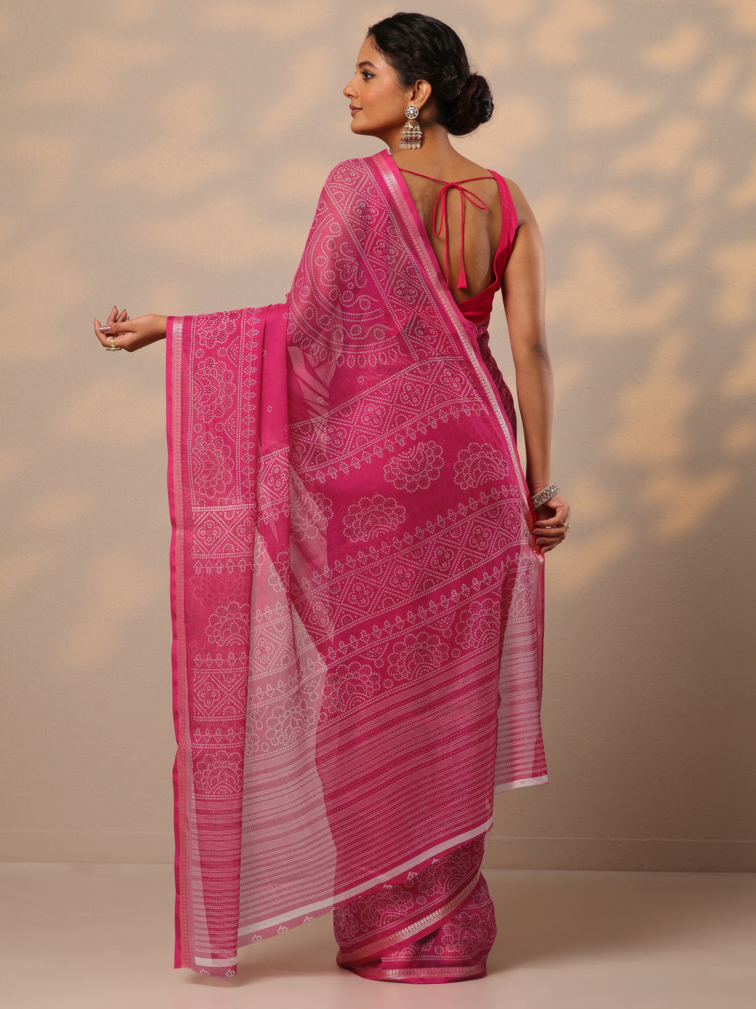  Pink Bandhani Printed Chiffon Saree With Unstitched Blouse Piece 