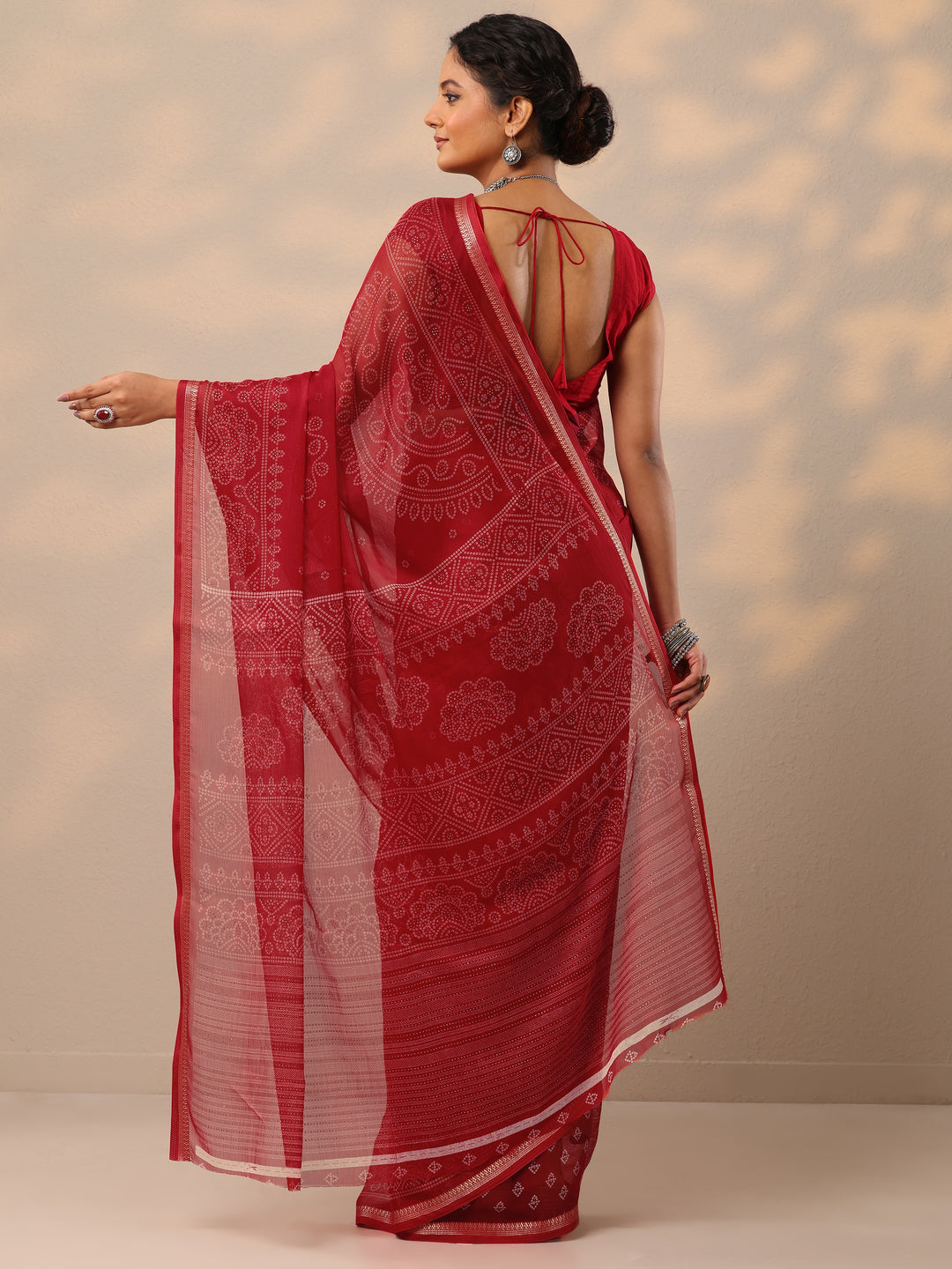  Red Bandhani Printed Chiffon Saree With Unstitched Blouse Piece 
